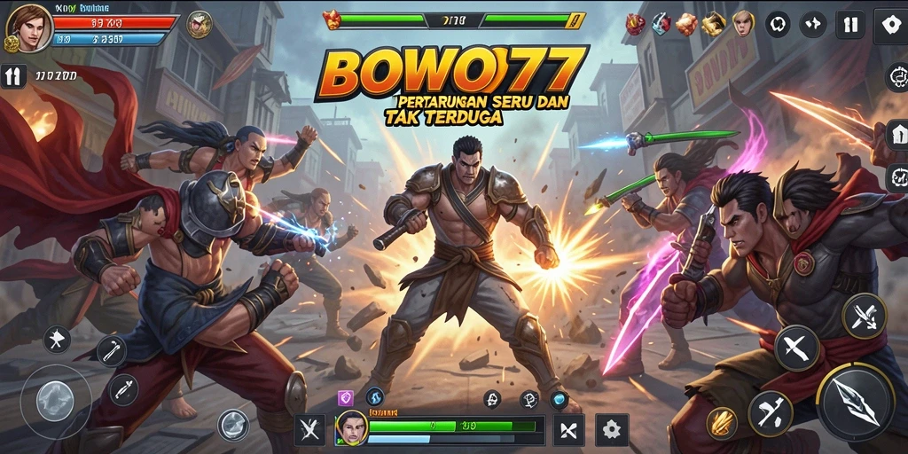 Screenshot utama BOWO77 menunjukkan aksi pertarungan intens di arena.