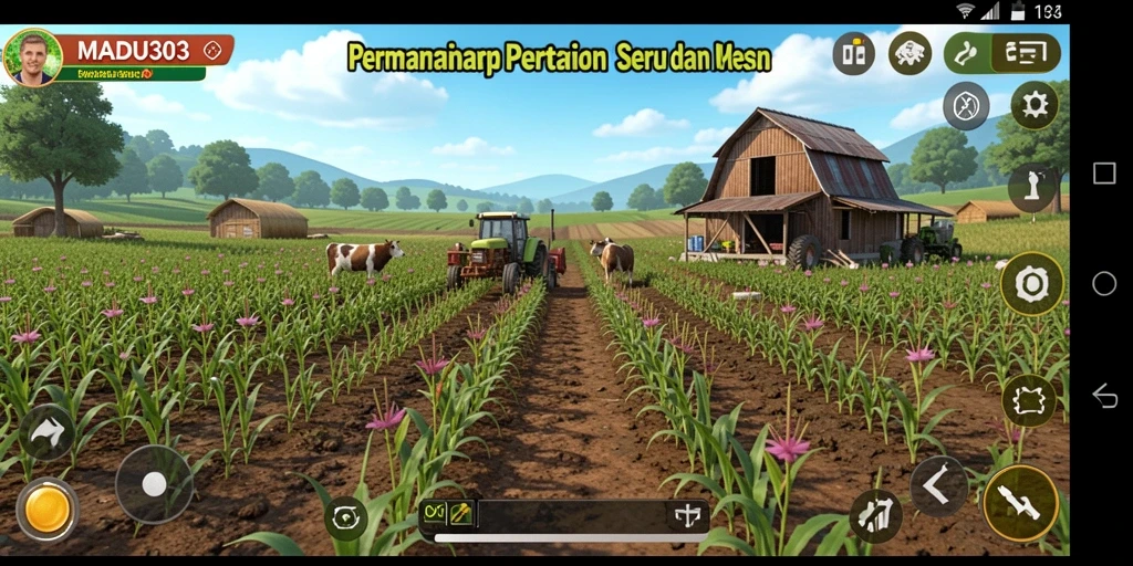 Tampilan gameplay MADU303 yang menggambarkan ladang pertanian yang subur dan indah.