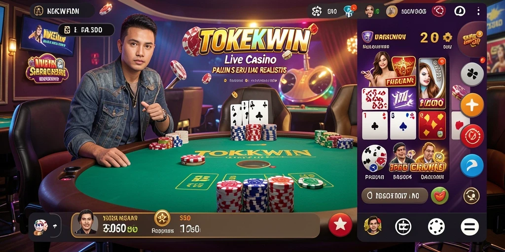 Screenshot gameplay Live Casino dari TOKEKWIN yang menunjukkan dealer dan pemain berinteraksi.