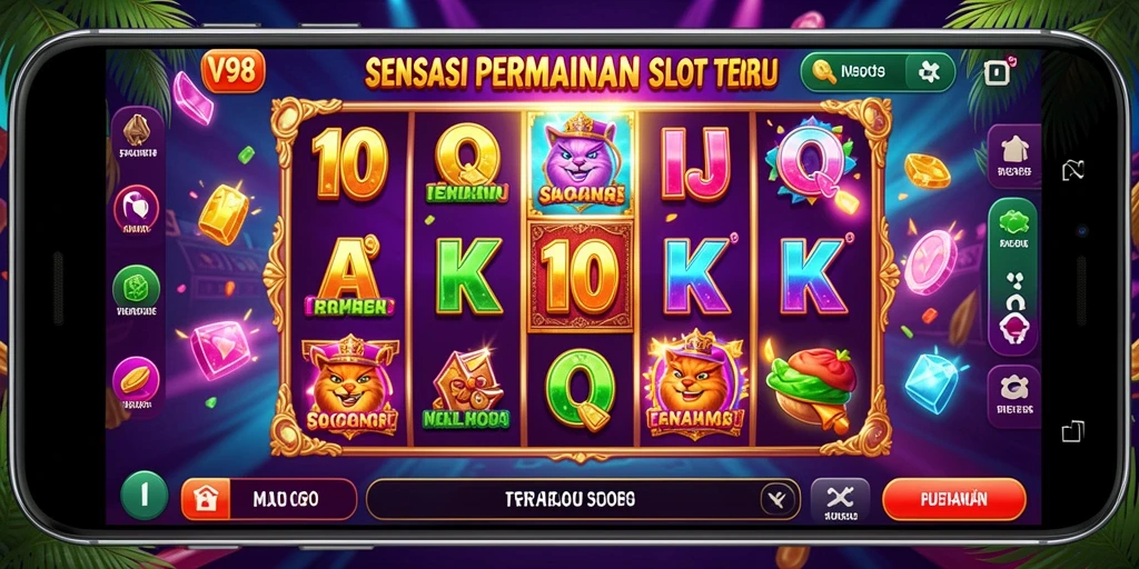 Tampilan menarik gameplay V98 dengan gulungan slot yang berputar.